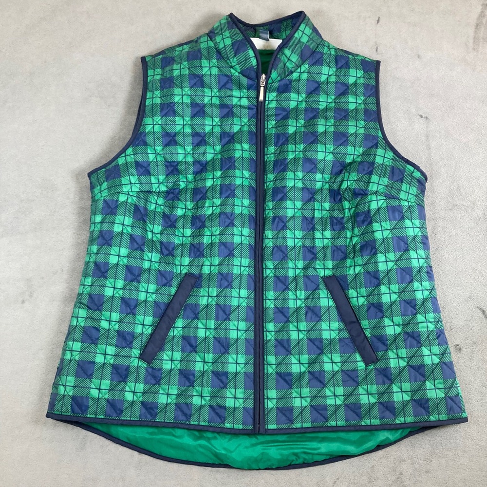 Karen Scott Sport Green Navy Plaid Quilted Zip Front Vest Mock Neck Large